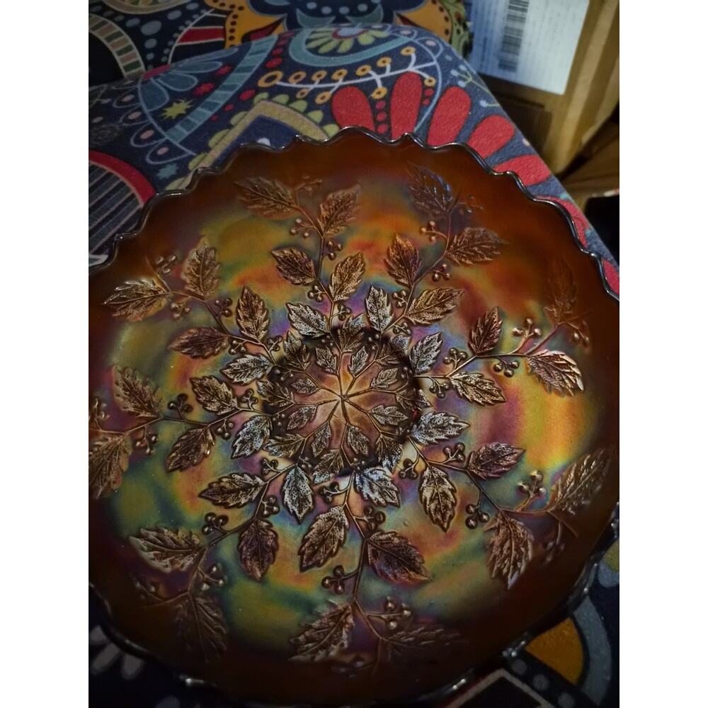 Vintage Fenton Holly And Berry Pattern Carnival Glass Bowl With Ruffled Crimped